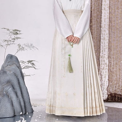 Traditional Chinese Long-Sleeve Top / Pleated Maxi A-Line