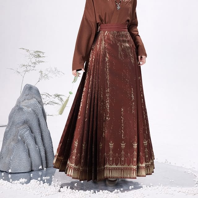 Traditional Chinese Long-Sleeve Top / Pleated Maxi A-Line