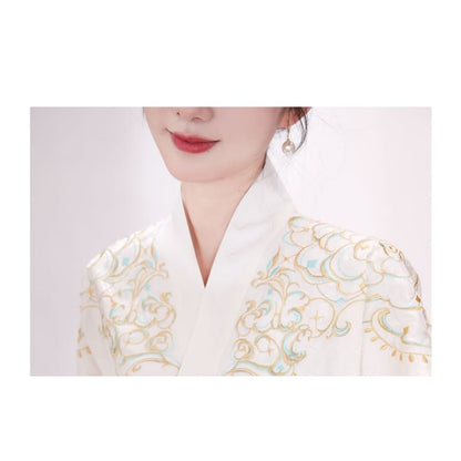 Traditional Chinese Long-Sleeve Top / Print Maxi A-Line