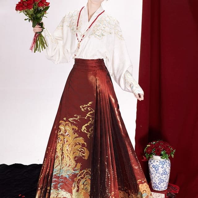 Traditional Chinese Long-Sleeve Top / Print Maxi A-Line