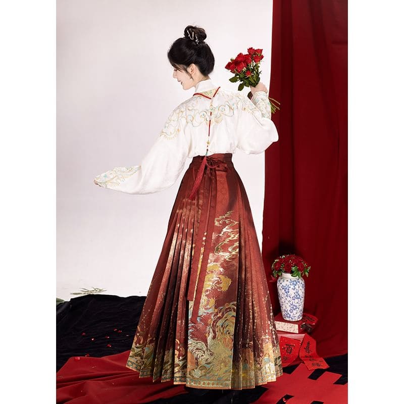 Traditional Chinese Long-Sleeve Top / Print Maxi A-Line