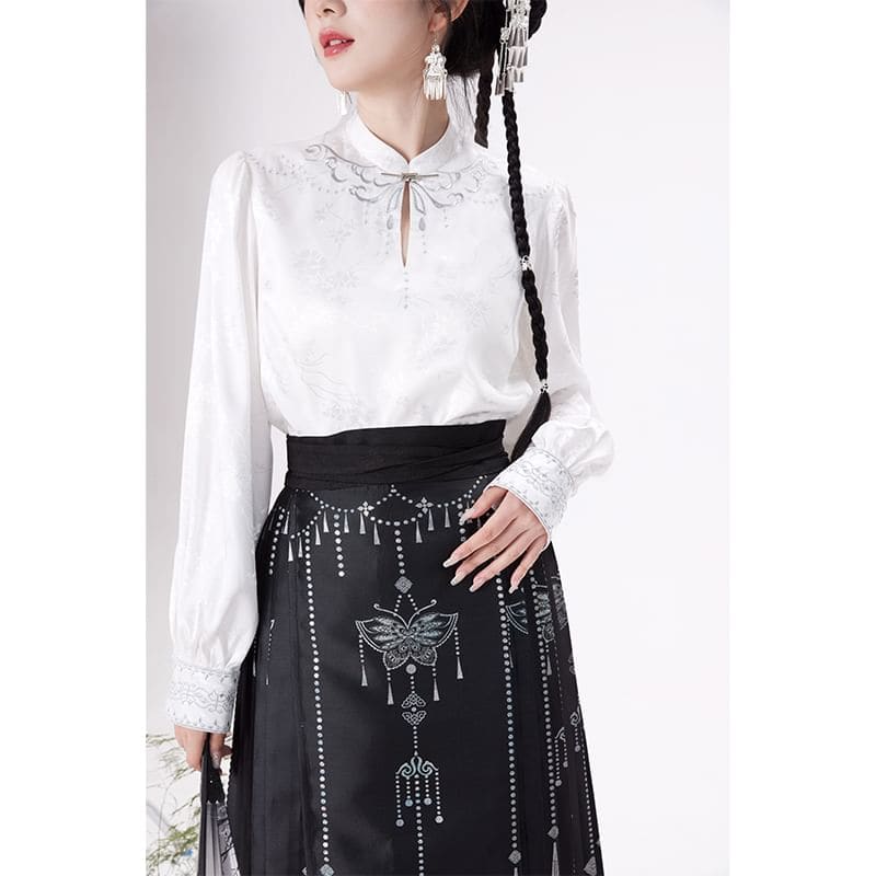 Traditional Chinese Long-Sleeve Top / Print Maxi A-Line