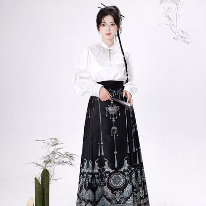 Traditional Chinese Long-Sleeve Top / Print Maxi A-Line