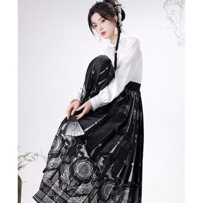 Traditional Chinese Long-Sleeve Top / Print Maxi A-Line