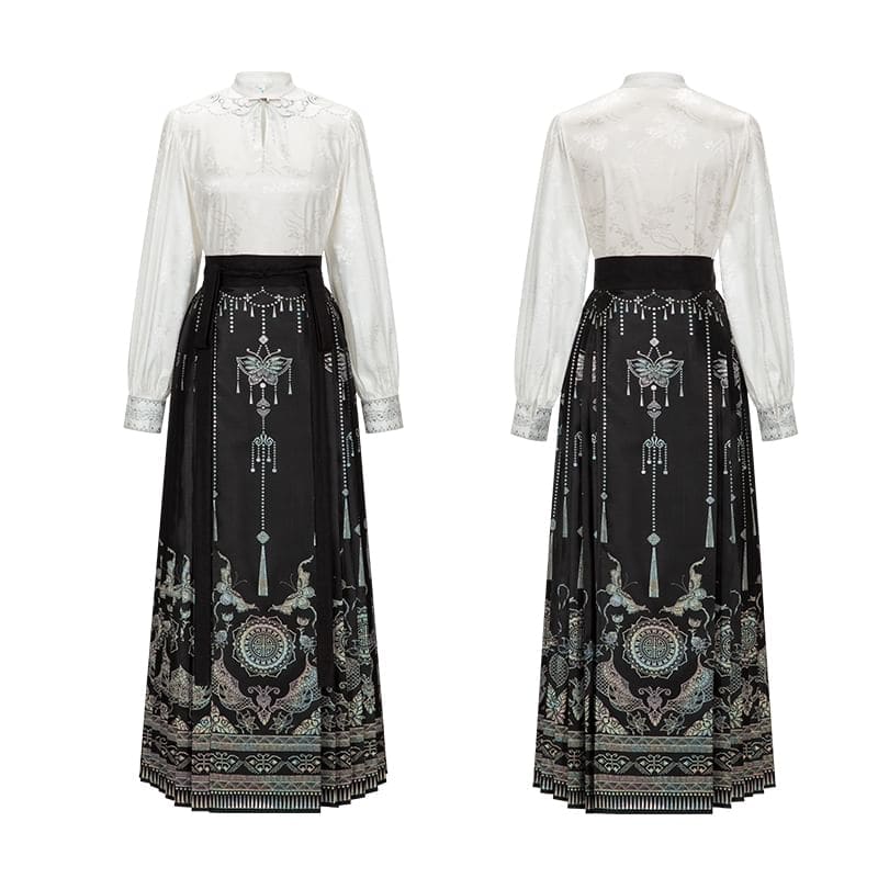 Traditional Chinese Long-Sleeve Top / Print Maxi A-Line