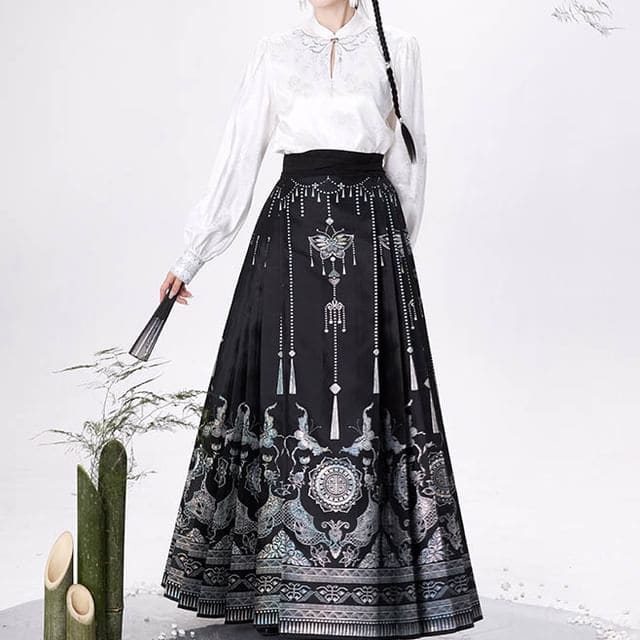 Traditional Chinese Long-Sleeve Top / Print Maxi A-Line