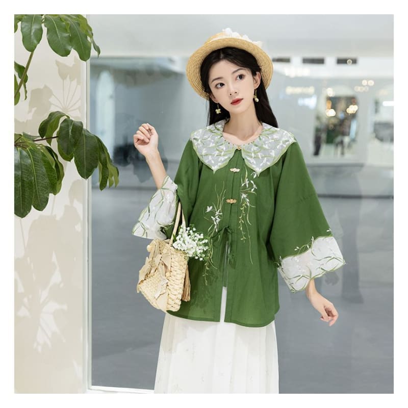 Traditional Chinese Set: 3/4-Sleeve Collared Embroidered