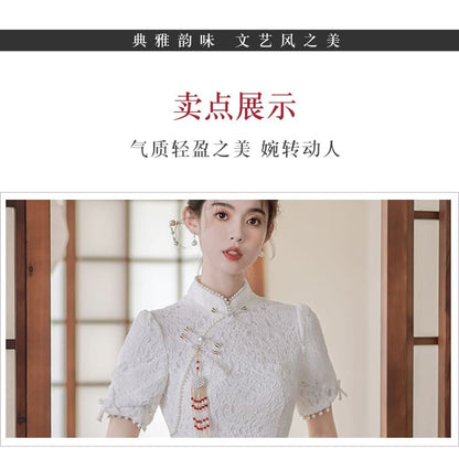 Traditional Chinese Short-Sleeve Plain Faux Pearl Fringed