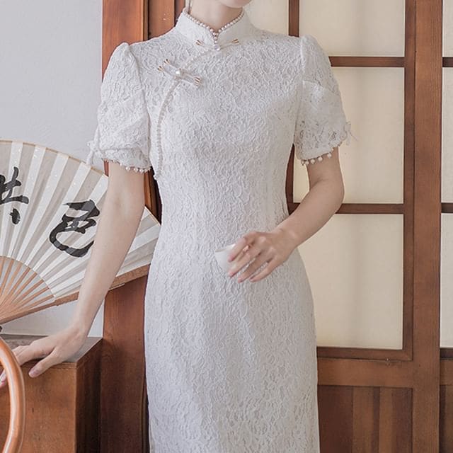 Traditional Chinese Short-Sleeve Plain Faux Pearl Fringed