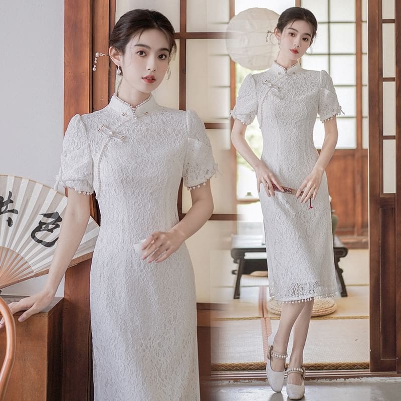 Traditional Chinese Short-Sleeve Plain Faux Pearl Fringed