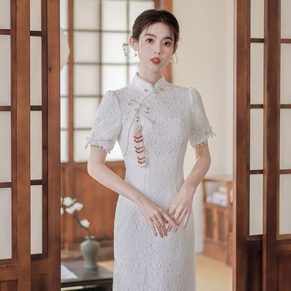 Traditional Chinese Short-Sleeve Plain Faux Pearl Fringed