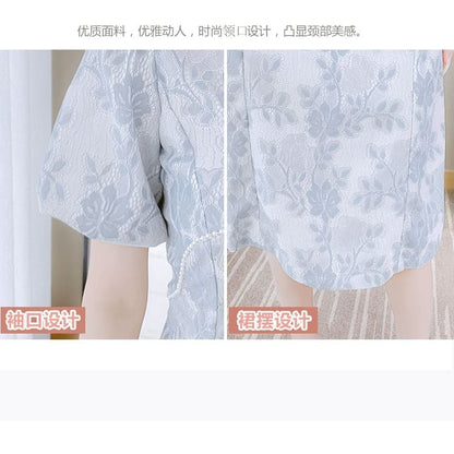 Traditional Chinese Short-Sleeve Stand Collar Faux Pearl