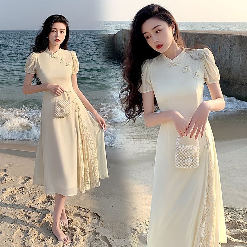 Traditional Chinese Short-Sleeve Stand Collar Lace Panel