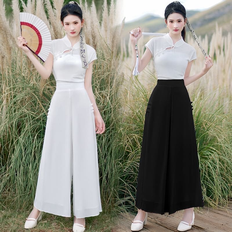 Traditional Chinese Short-Sleeve Stand Collar Plain Cutout