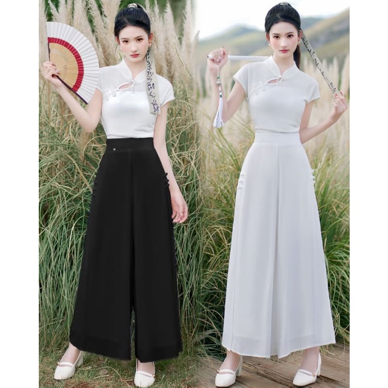 Traditional Chinese Short-Sleeve Stand Collar Plain Cutout