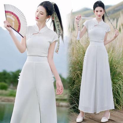 Traditional Chinese Short-Sleeve Stand Collar Plain Cutout