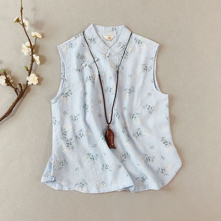 Traditional Chinese Sleeveless Floral Frog Buttoned Top