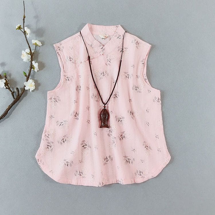 Traditional Chinese Sleeveless Floral Frog Buttoned Top