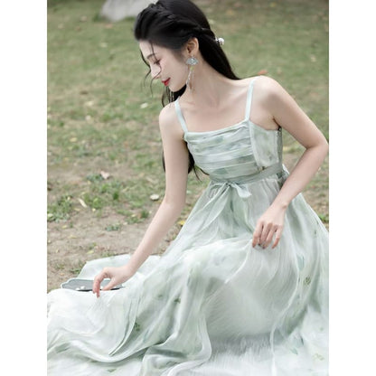 Traditional Chinese Spaghetti Strap Print Faux Pearl Midi