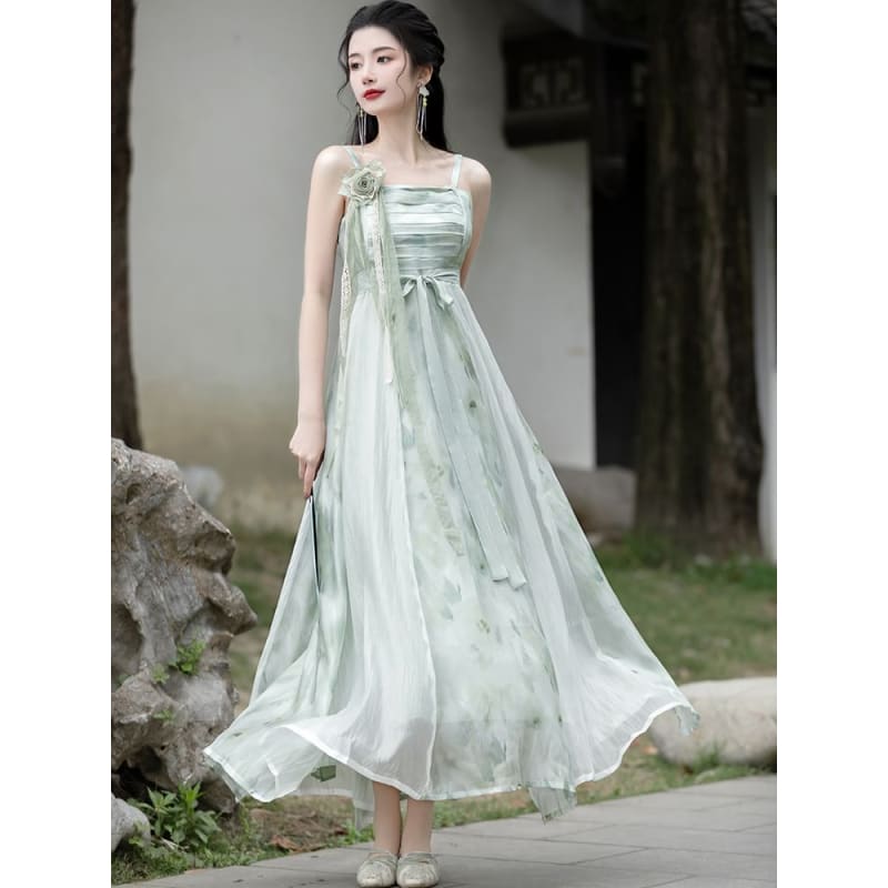 Traditional Chinese Spaghetti Strap Print Faux Pearl Midi