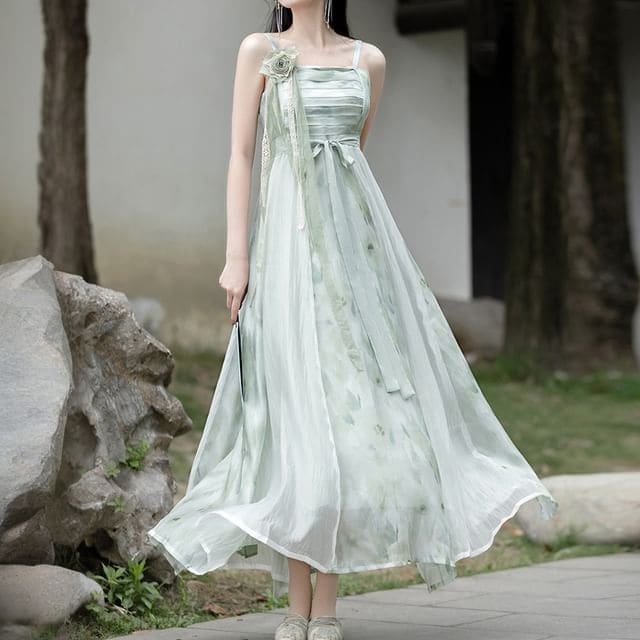 Traditional Chinese Spaghetti Strap Print Faux Pearl Midi