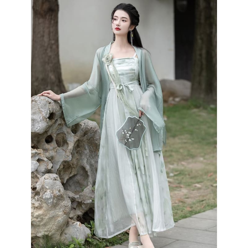 Traditional Chinese Spaghetti Strap Print Faux Pearl Midi