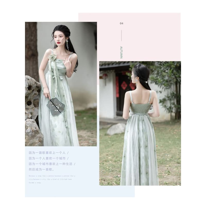 Traditional Chinese Spaghetti Strap Print Faux Pearl Midi