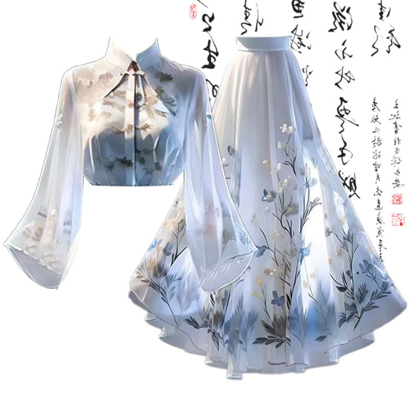 Traditional Flower Print Long Sleeve Shirt Skirt
