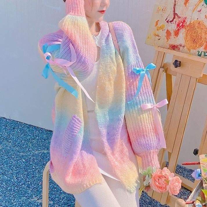 Trendy Fashion Pastel Rainbow Sweater Coat MM1672 - Coat