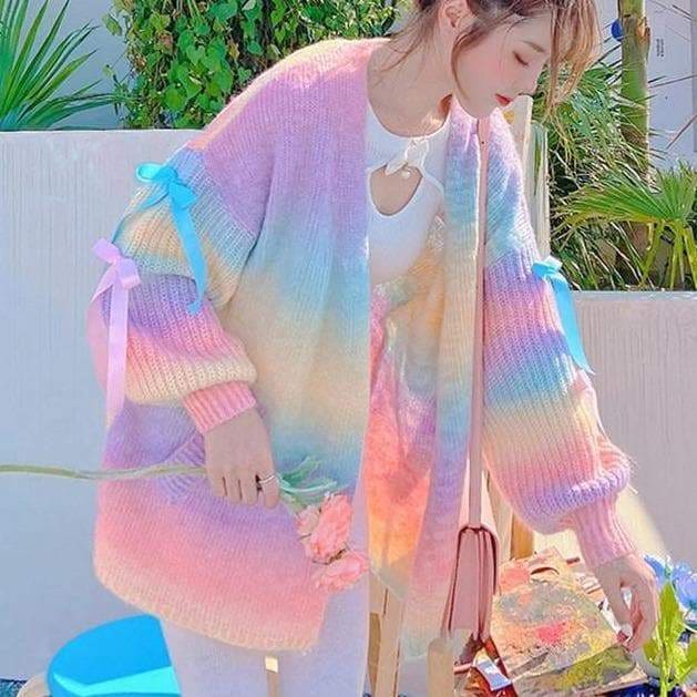 Trendy Fashion Pastel Rainbow Sweater Coat MM1672 - Coat