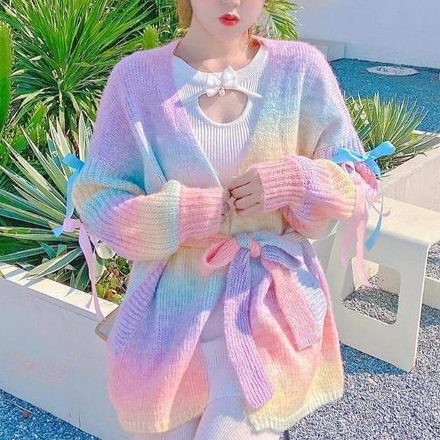 Trendy Fashion Pastel Rainbow Sweater Coat MM1672 - Coat