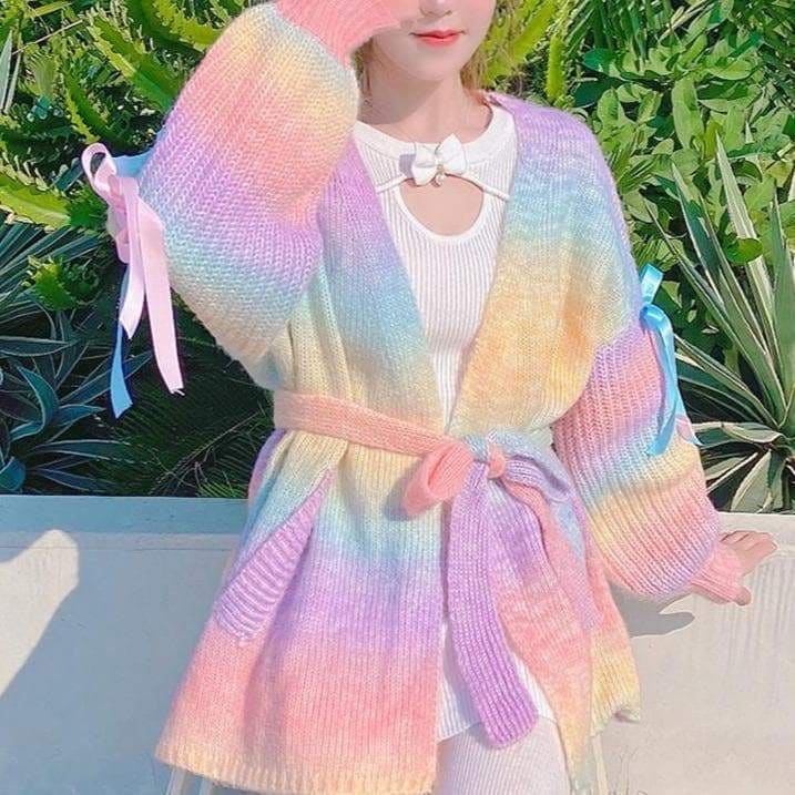 Trendy Fashion Pastel Rainbow Sweater Coat MM1672 - Coat