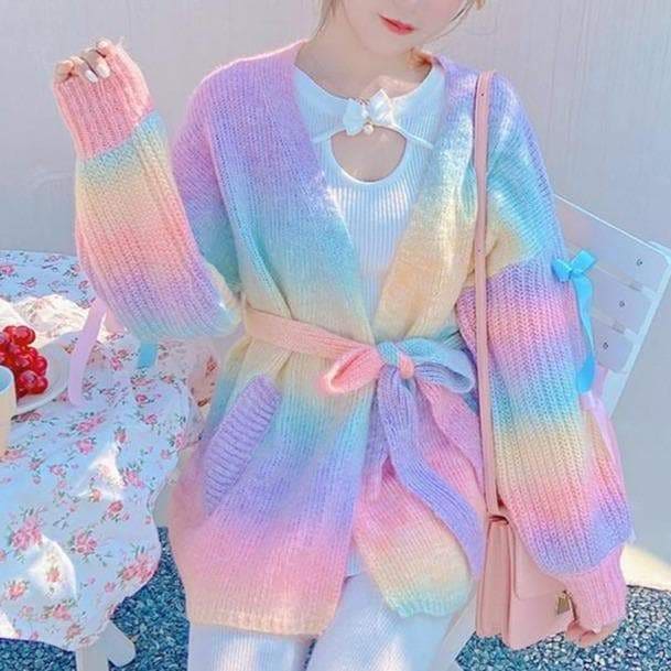 Trendy Fashion Pastel Rainbow Sweater Coat MM1672 - Coat