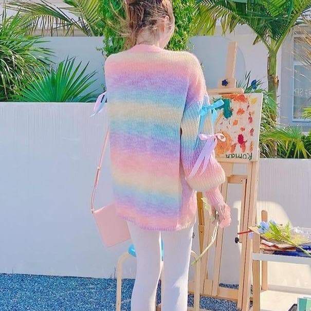 Trendy Fashion Pastel Rainbow Sweater Coat MM1672 - Coat