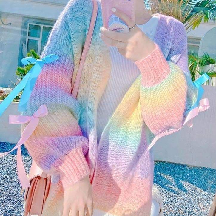 Trendy Fashion Pastel Rainbow Sweater Coat MM1672 - Coat