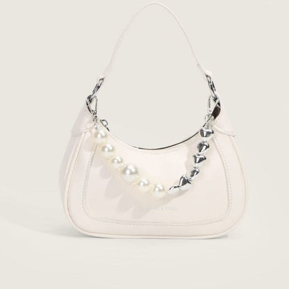 Trendy Pearl Sliver Heart Handbag - White