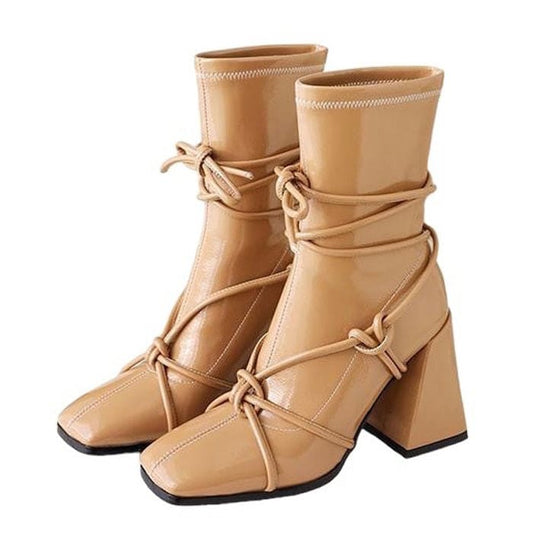 Trendy Square Heel Lace-Up Chic Ankle Boots - Boots