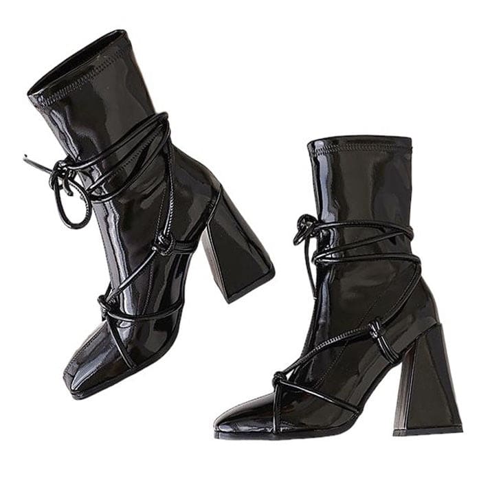 Trendy Square Heel Lace-Up Chic Ankle Boots - Boots