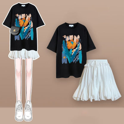 Tulip Cherry Blossom Print T-Shirt Pleated Skirt Set - Set