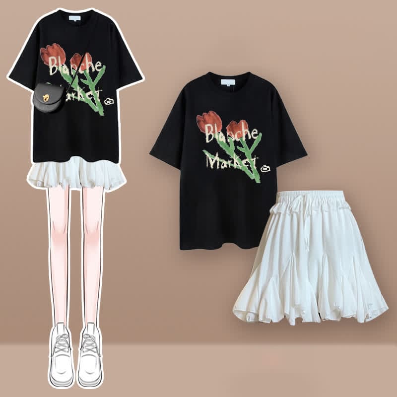 Tulip Cherry Blossom Print T-Shirt Pleated Skirt Set - Set