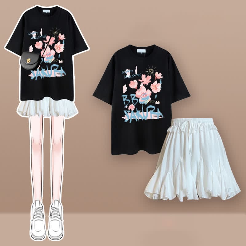 Tulip Cherry Blossom Print T-Shirt Pleated Skirt Set - Set