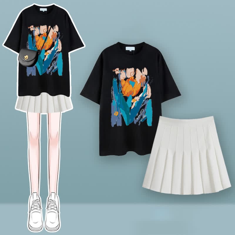 Tulip Cherry Blossom Print T-Shirt Pleated Skirt Set - Set