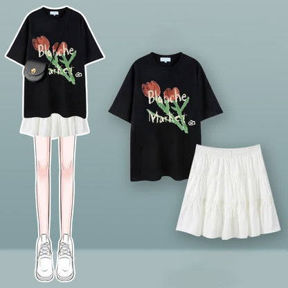 Tulip Cherry Blossom Print T-Shirt Pleated Skirt Set - Set