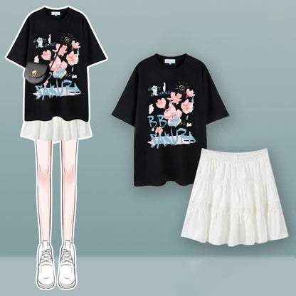 Tulip Cherry Blossom Print T-Shirt Pleated Skirt Set - Set