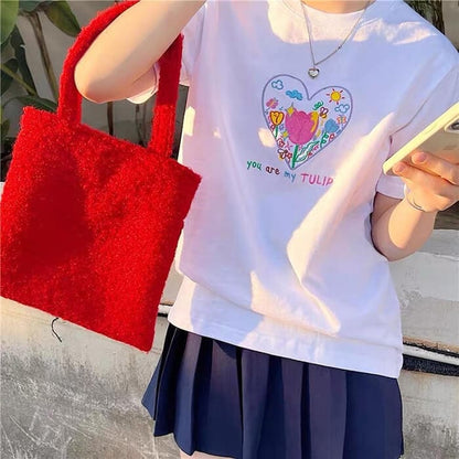 Tulip Embroidery Heart T-Shirt - T-Shirts