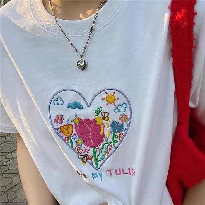 Tulip Embroidery Heart T-Shirt - T-Shirts