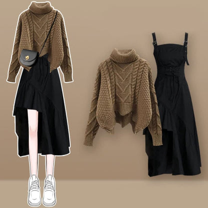 Turtleneck Knit Sweater Lace Up Irregular Slip Dress Set