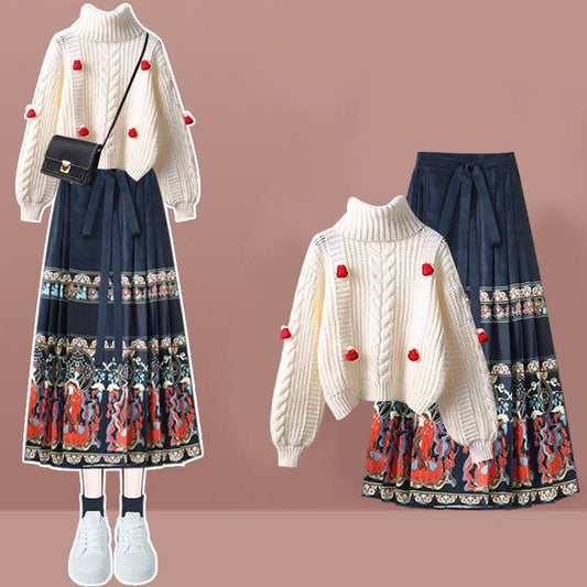 Turtleneck Knit Sweater Vintage Print Lace Up Pleated Skirt