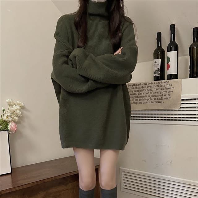 Turtleneck Plain Oversized Sweater - Mustard Green / S