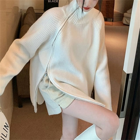 Turtleneck Plain Zip Split Oversize Sweater